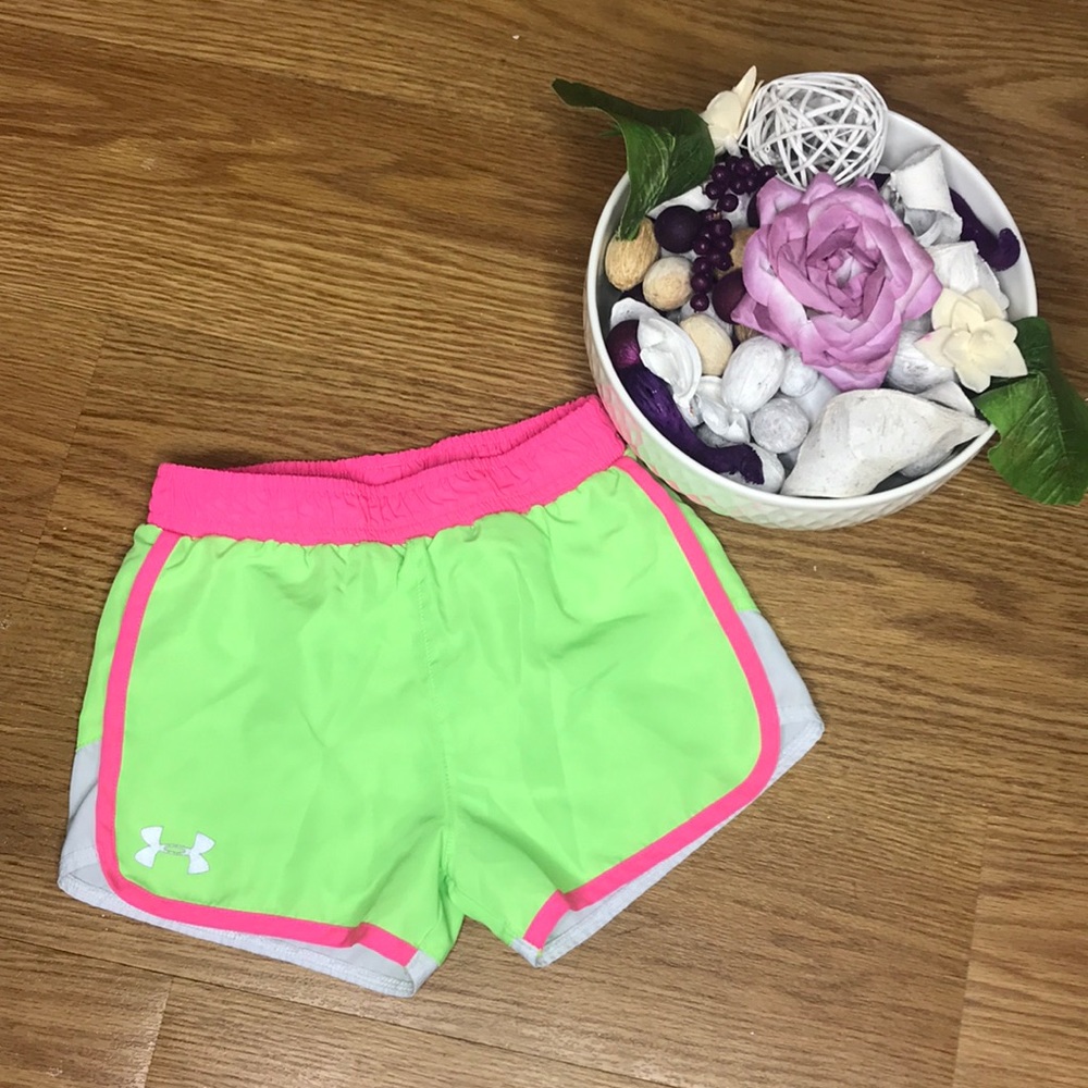 Lime green bright pink under armor shorts